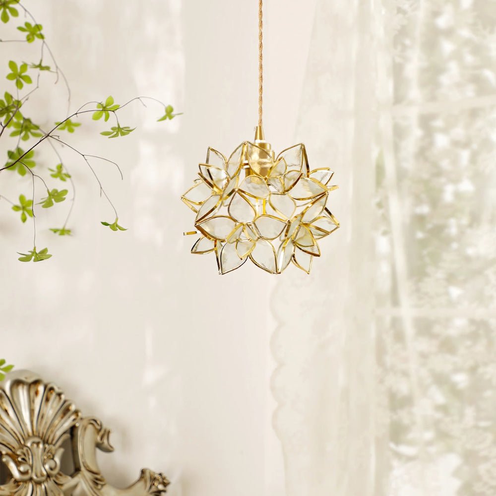 Capiz Shell Flower Sphere Pendant Light Brass Hanging Lamp for Dining Room