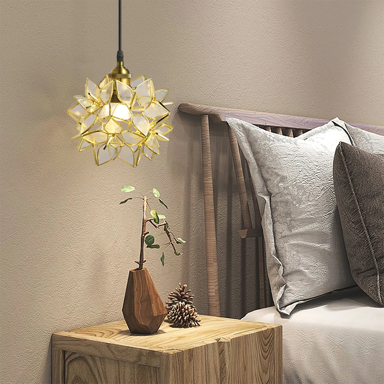 Capiz Shell Flower Sphere Pendant Light Brass Hanging Lamp for Dining Room