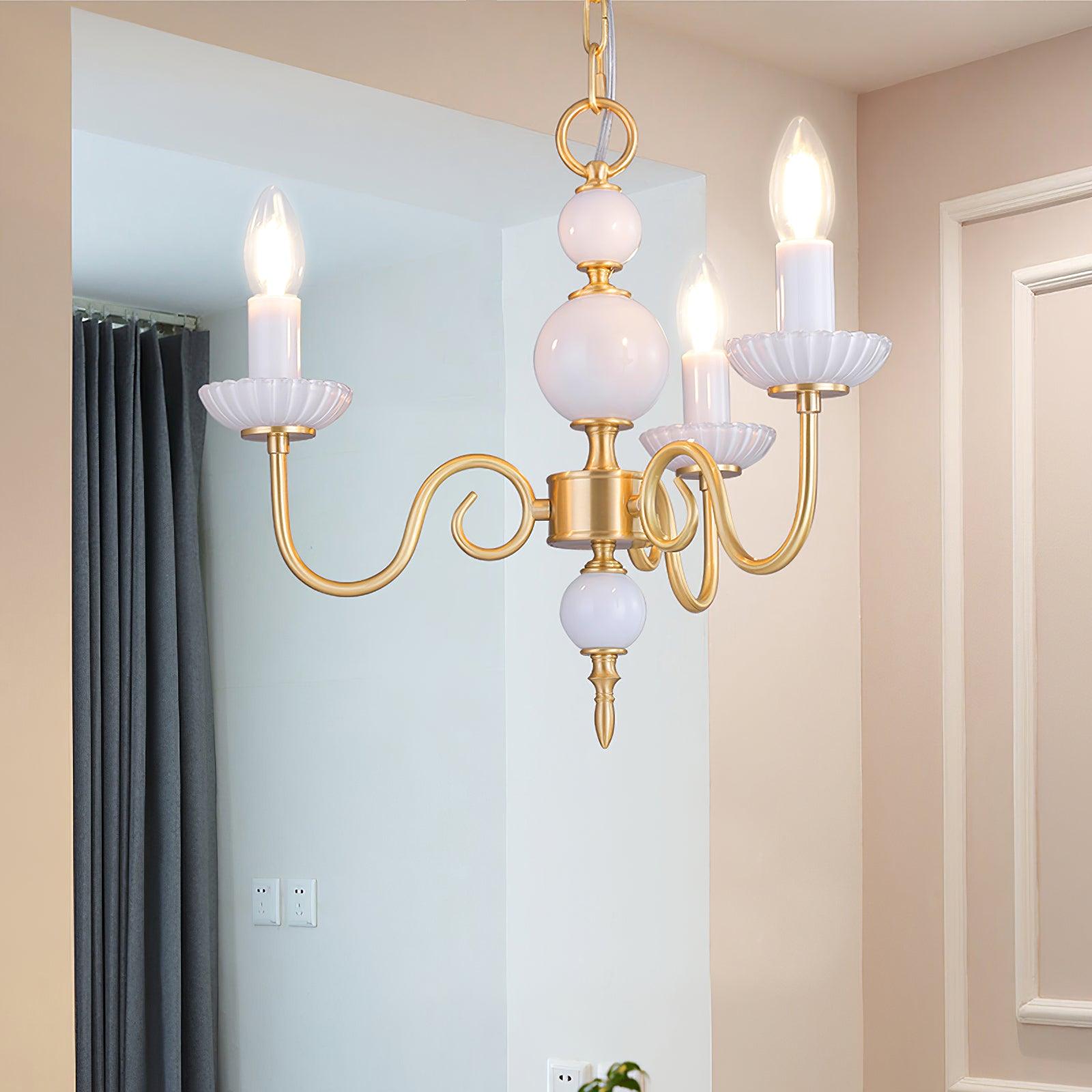 Carlita Contemporary Brass Chandelier with White Glass Shades for Dining Room