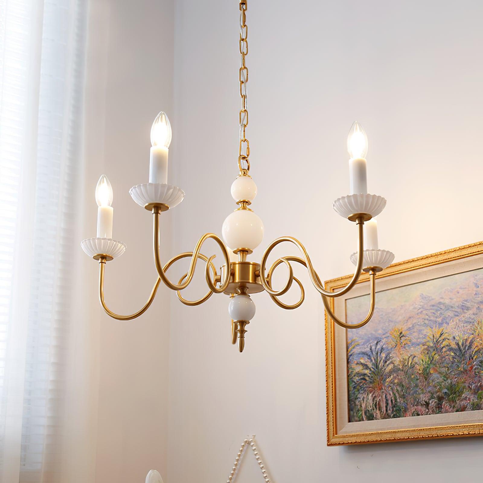 Carlita Contemporary Brass Chandelier with White Glass Shades for Dining Room