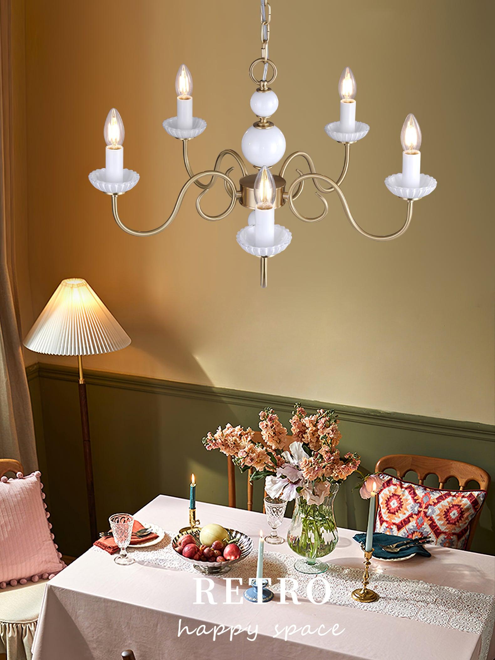 Carlita Contemporary Brass Chandelier with White Glass Shades for Dining Room