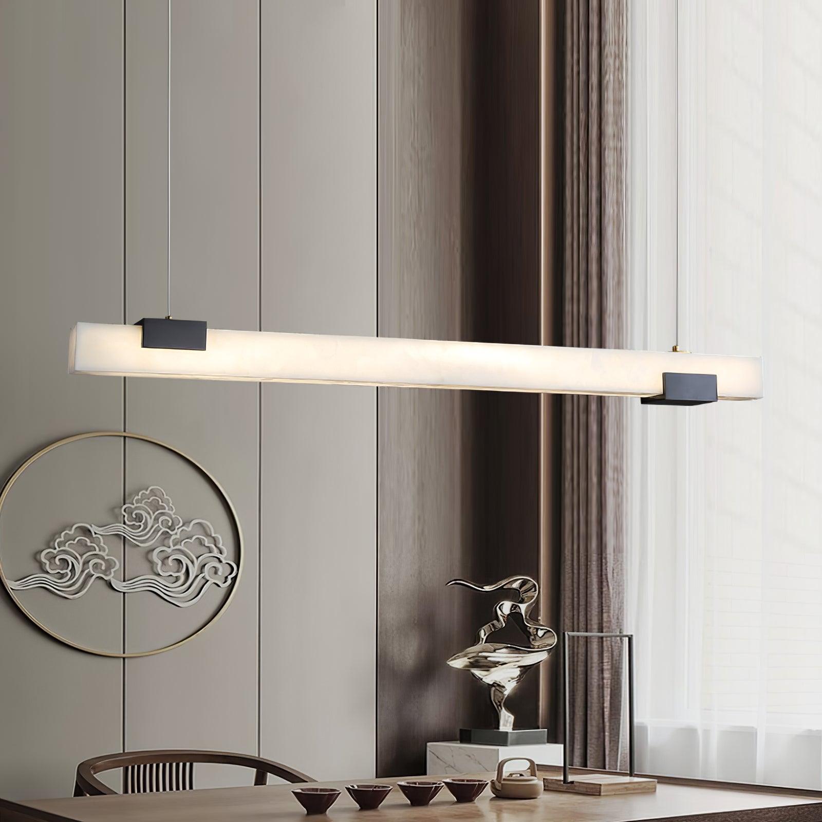 Cary Alabaster Linear LED Pendant Light Brass Modern Long Bar Chandelier for Dining Room