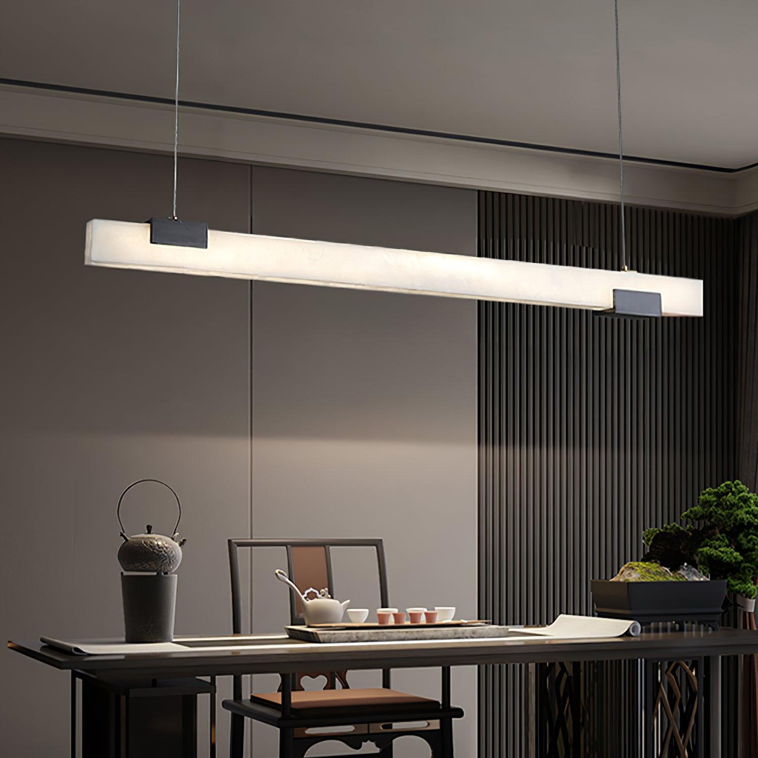 Cary Alabaster Linear LED Pendant Light Brass Modern Long Bar Chandelier for Dining Room