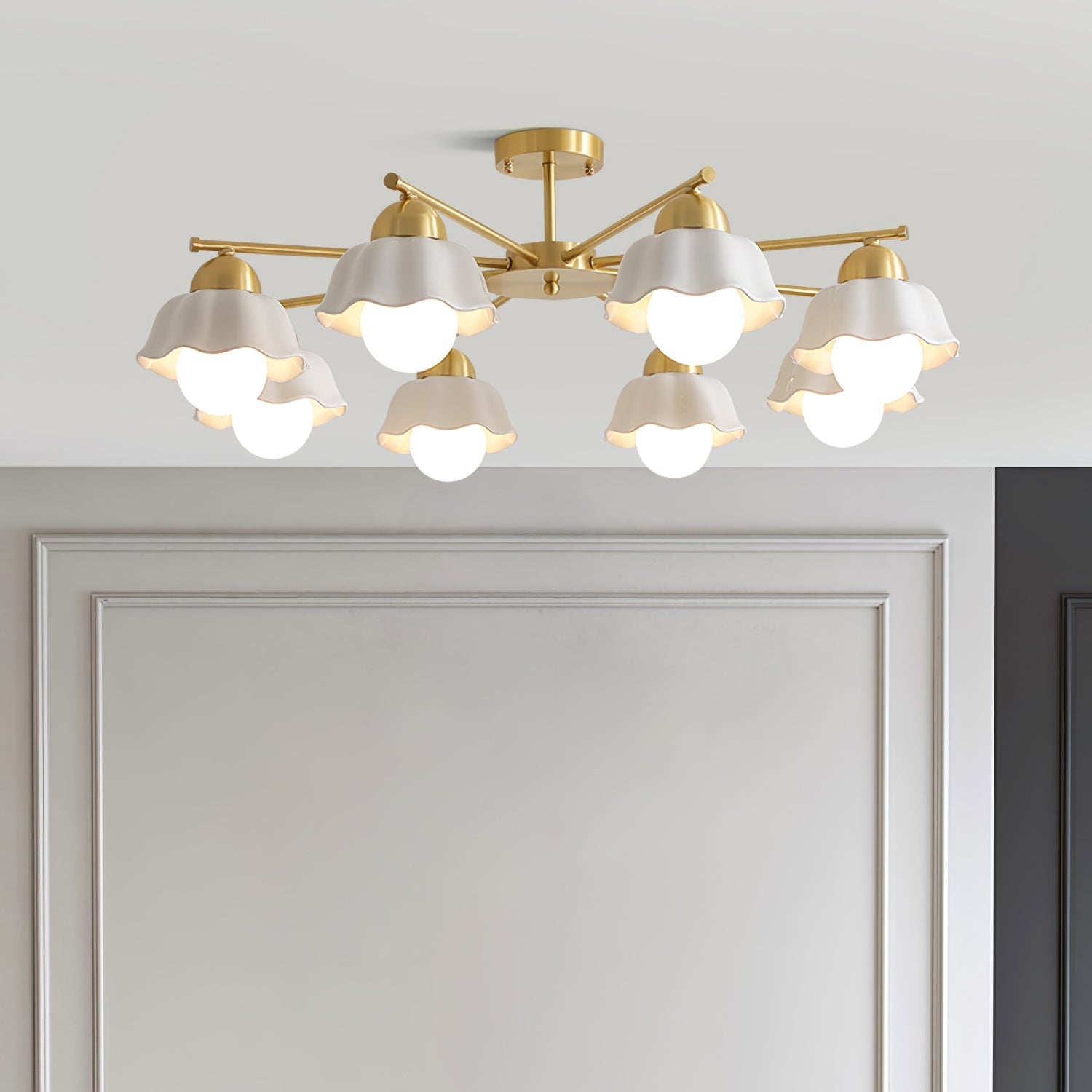 Ceramic Flower Shade Candelabrum Chandelier Elegant Brass Floral Ceiling Light