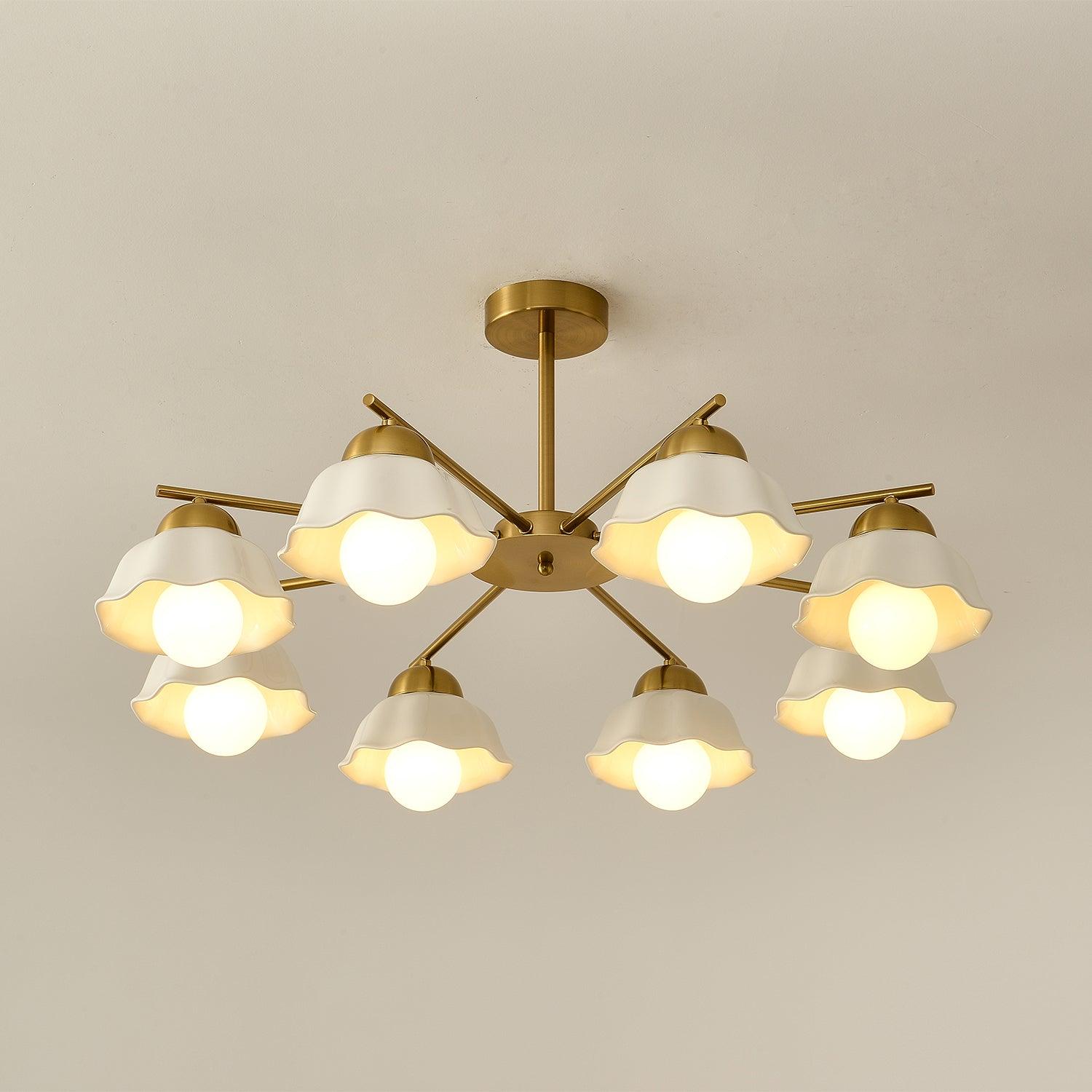 Ceramic Flower Shade Candelabrum Chandelier Elegant Brass Floral Ceiling Light