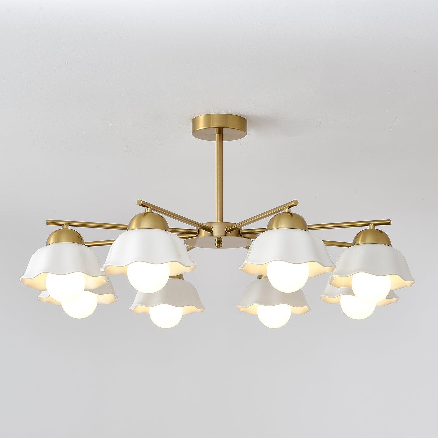 Ceramic Flower Shade Candelabrum Chandelier Elegant Brass Floral Ceiling Light