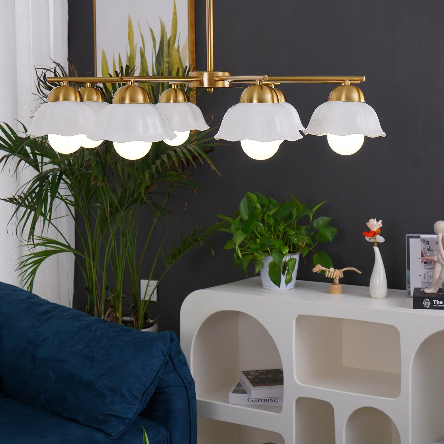 Ceramic Flower Shade Candelabrum Chandelier Elegant Brass Floral Ceiling Light
