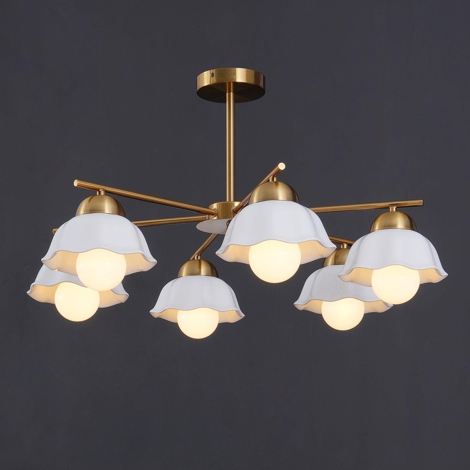 Ceramic Flower Shade Candelabrum Chandelier Elegant Brass Floral Ceiling Light