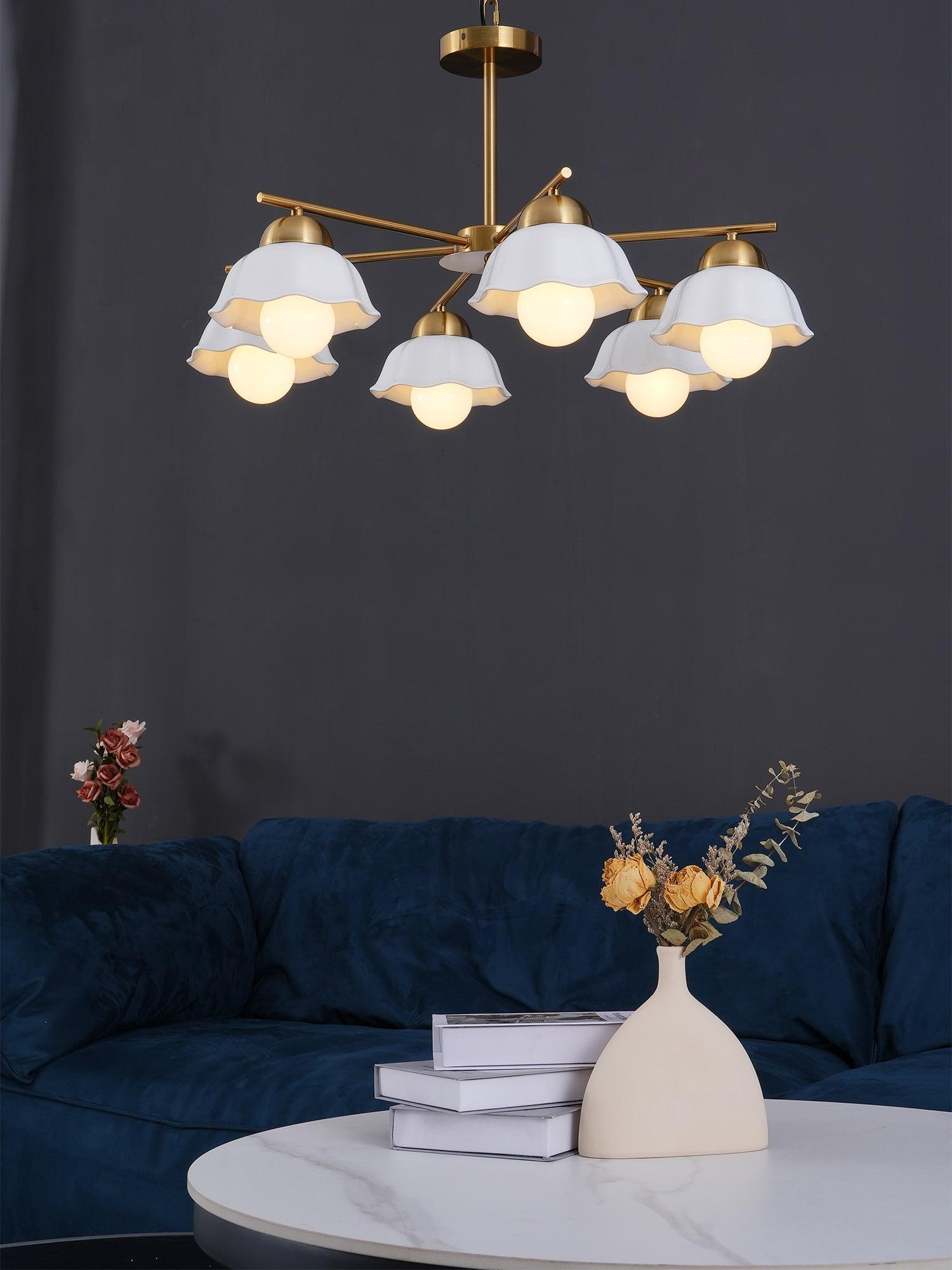 Ceramic Flower Shade Candelabrum Chandelier Elegant Brass Floral Ceiling Light