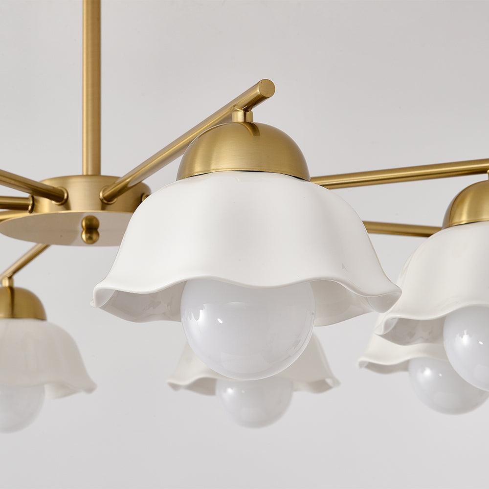 Ceramic Flower Shade Candelabrum Chandelier Elegant Brass Floral Ceiling Light
