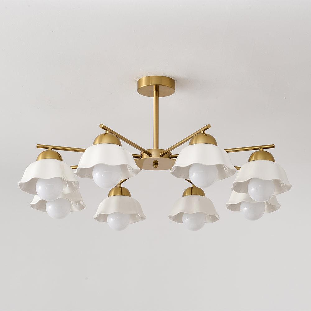 Ceramic Flower Shade Candelabrum Chandelier Elegant Brass Floral Ceiling Light