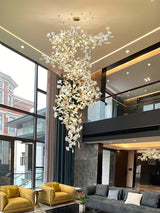 Ceramic Gingko Leaf Chandelier Luxury Branch Pendant Light Gold and White