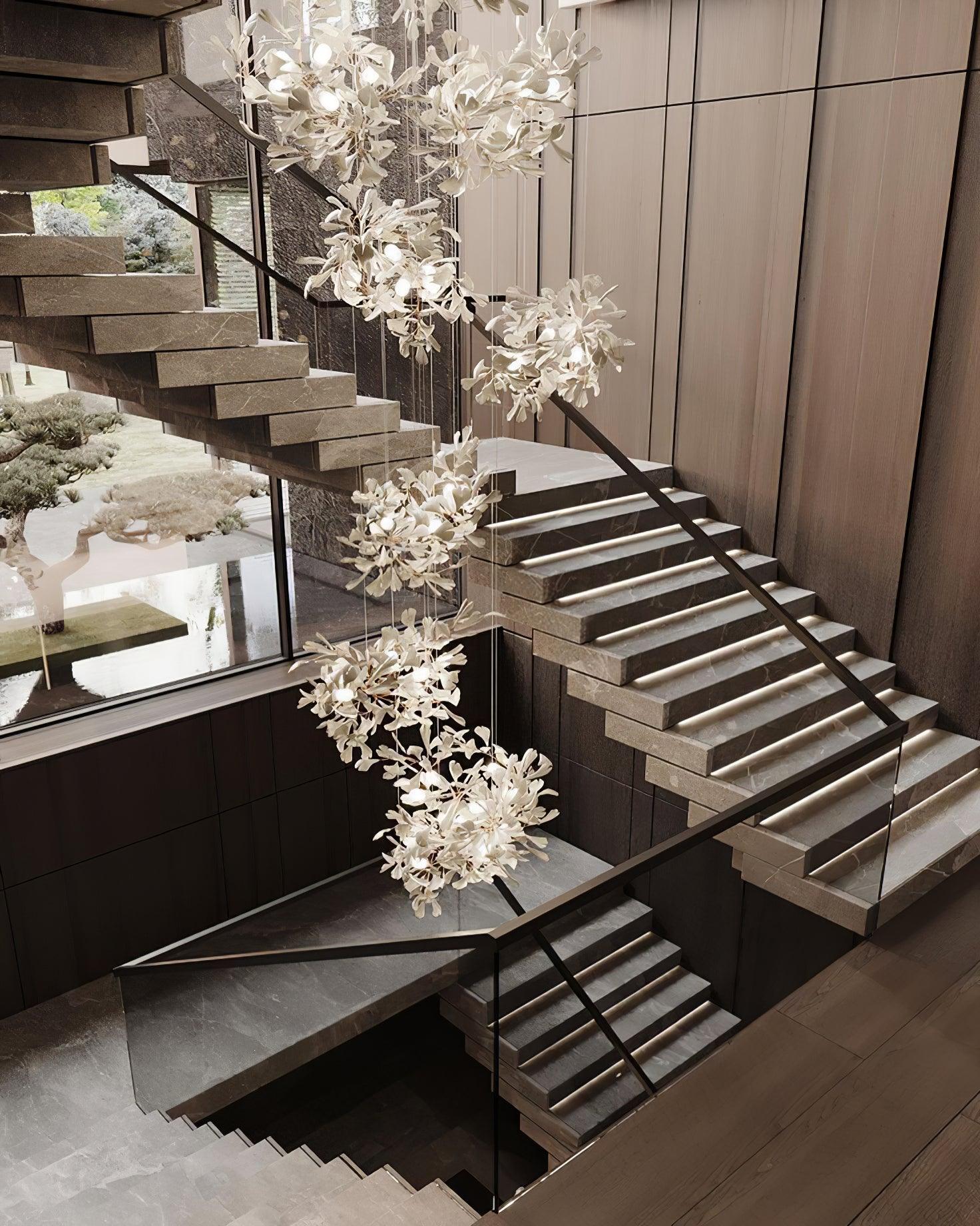 Ceramic Gingko Leaf Chandelier Luxury Branch Pendant Light Gold and White
