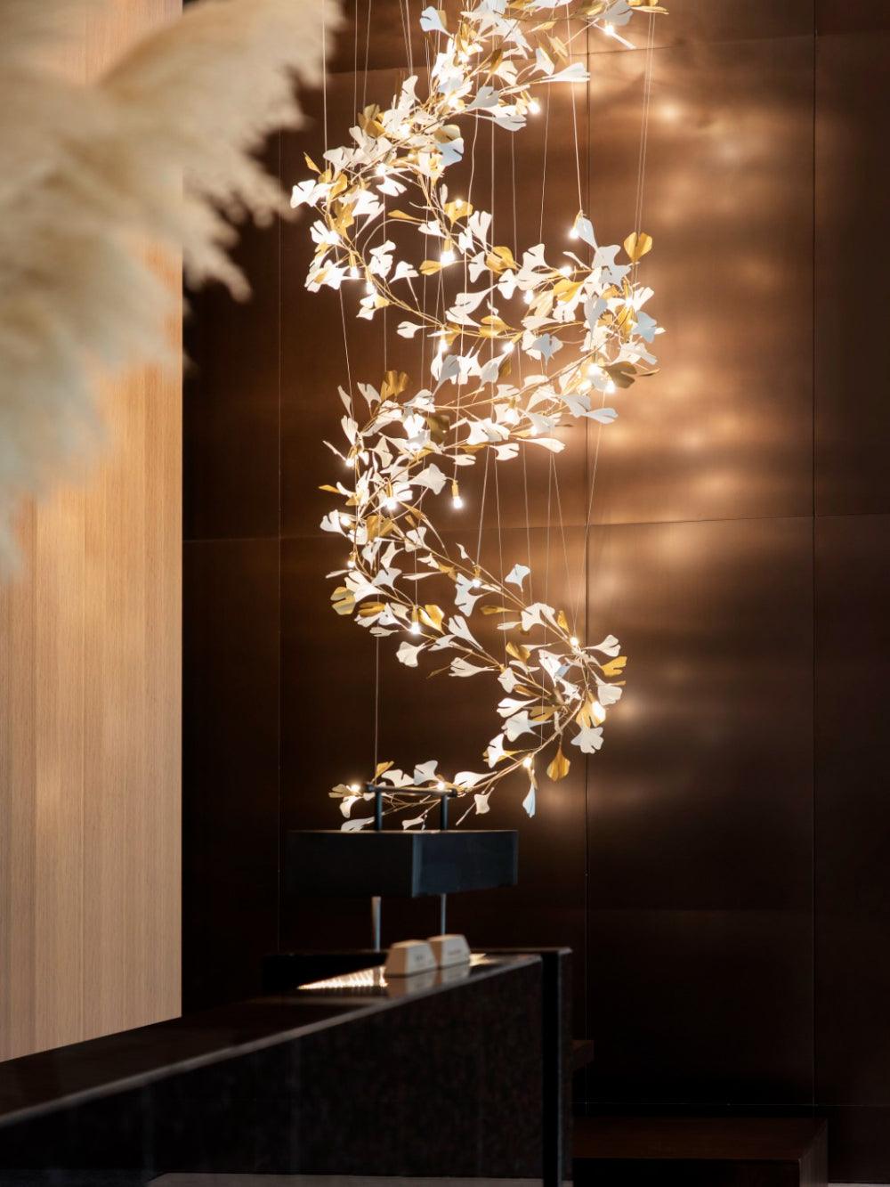 Ceramic Gingko Leaf Chandelier Luxury Branch Pendant Light Gold and White