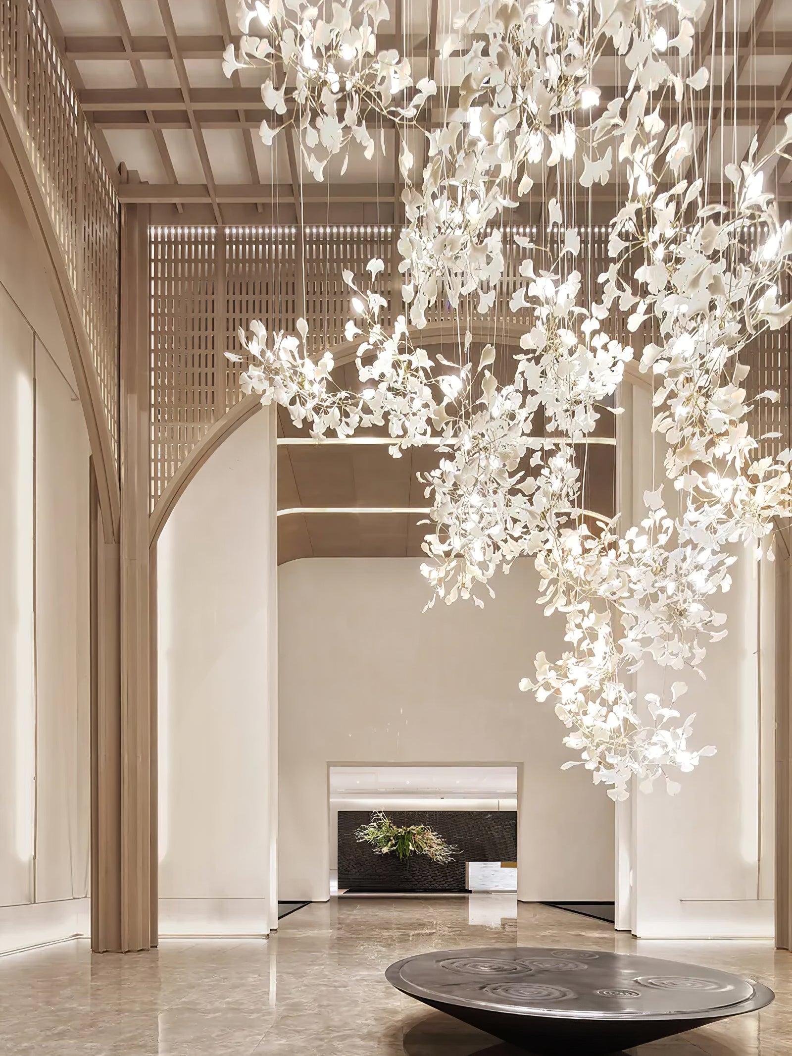 Ceramic Gingko Leaf Chandelier Luxury Branch Pendant Light Gold and White