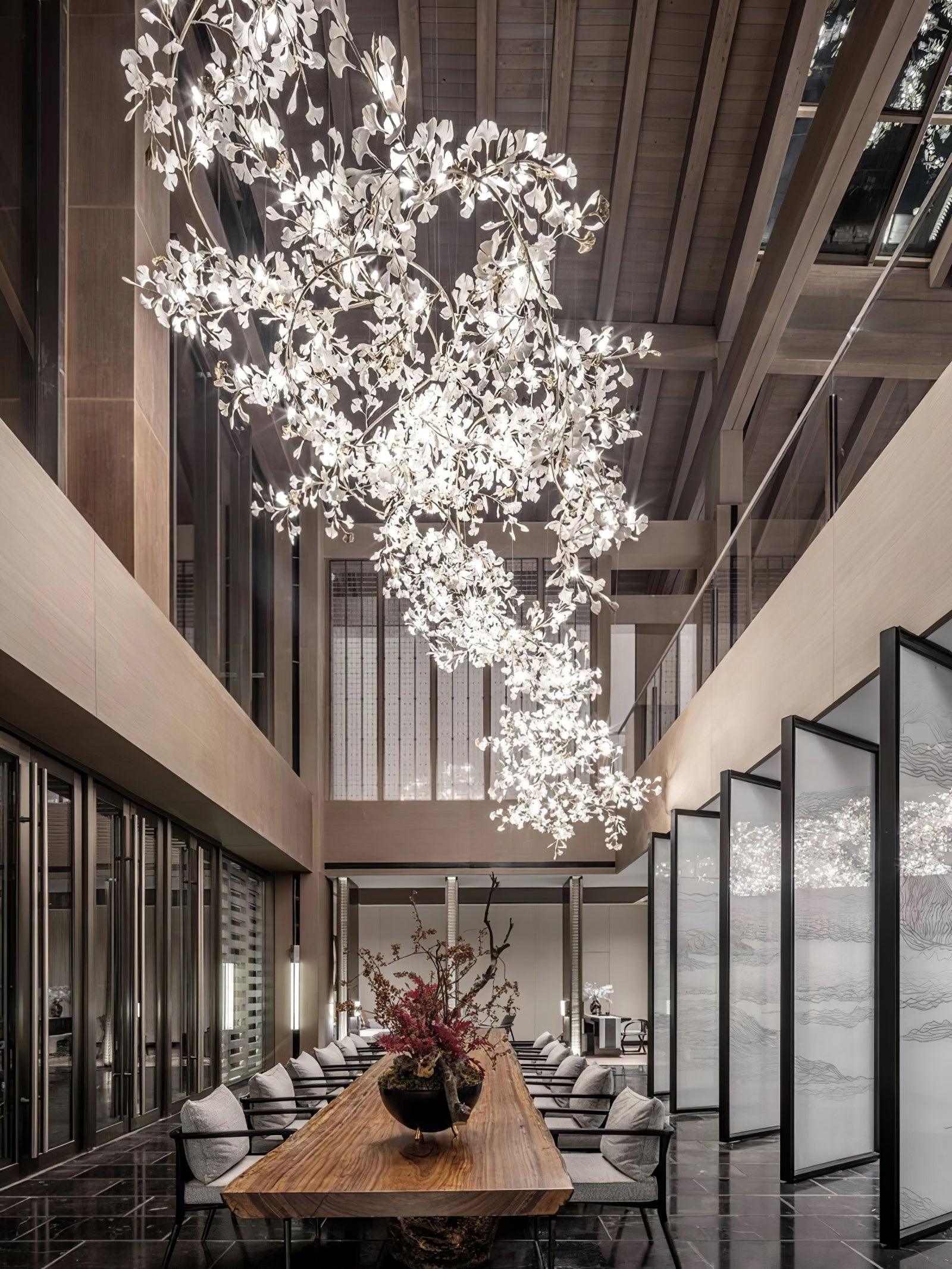 Ceramic Gingko Leaf Chandelier Luxury Branch Pendant Light Gold and White