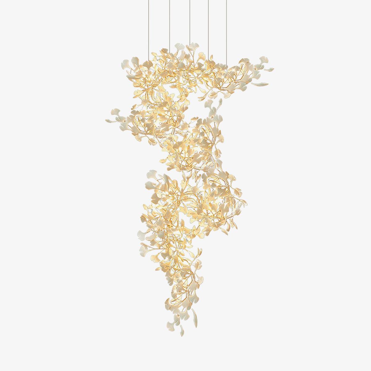 Ceramic Gingko Leaf Chandelier Luxury Branch Pendant Light Gold and White