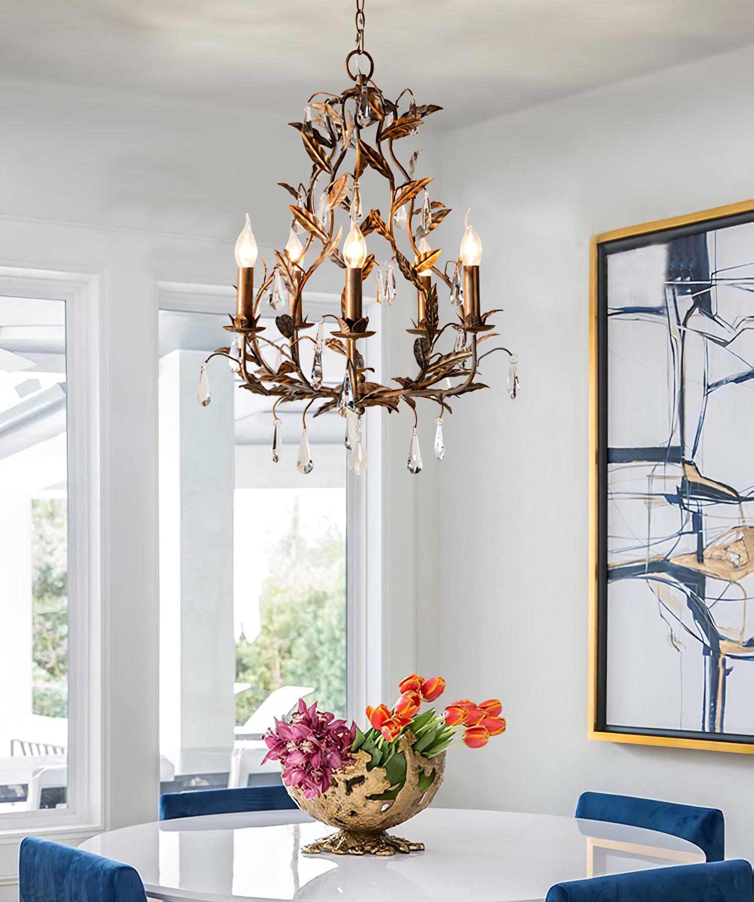 Circeo Organic Foliage Crystal Pendant Light Elegant Metal and Glass Chandelier for Living Room