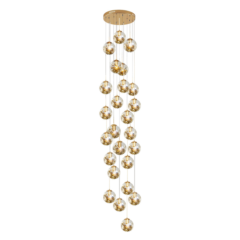 Cognac Glass Globe Long Chandelier Modern Adjustable Staircase Pendant Lighting for High Ceiling