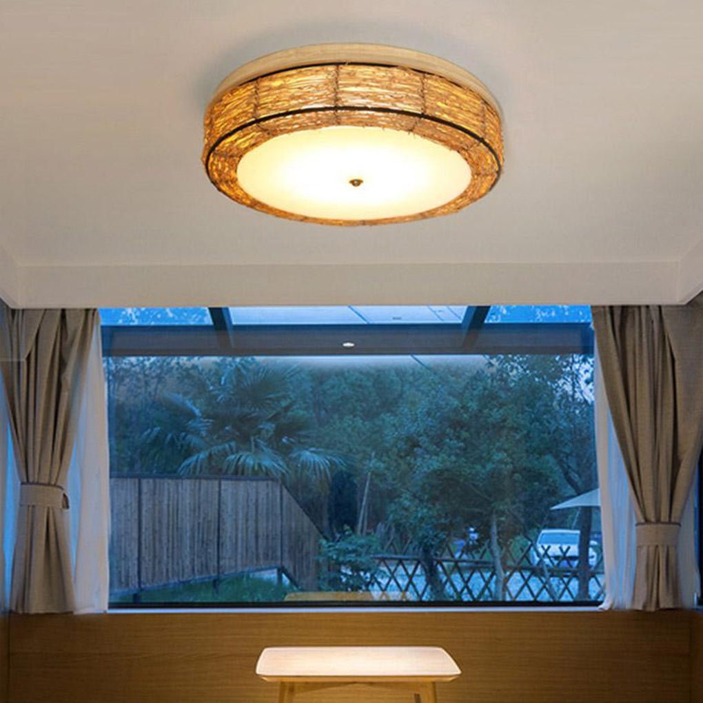 Modern Burlywood Wicker Flush Mount Ceiling Light Fixture for Low Profile Spaces