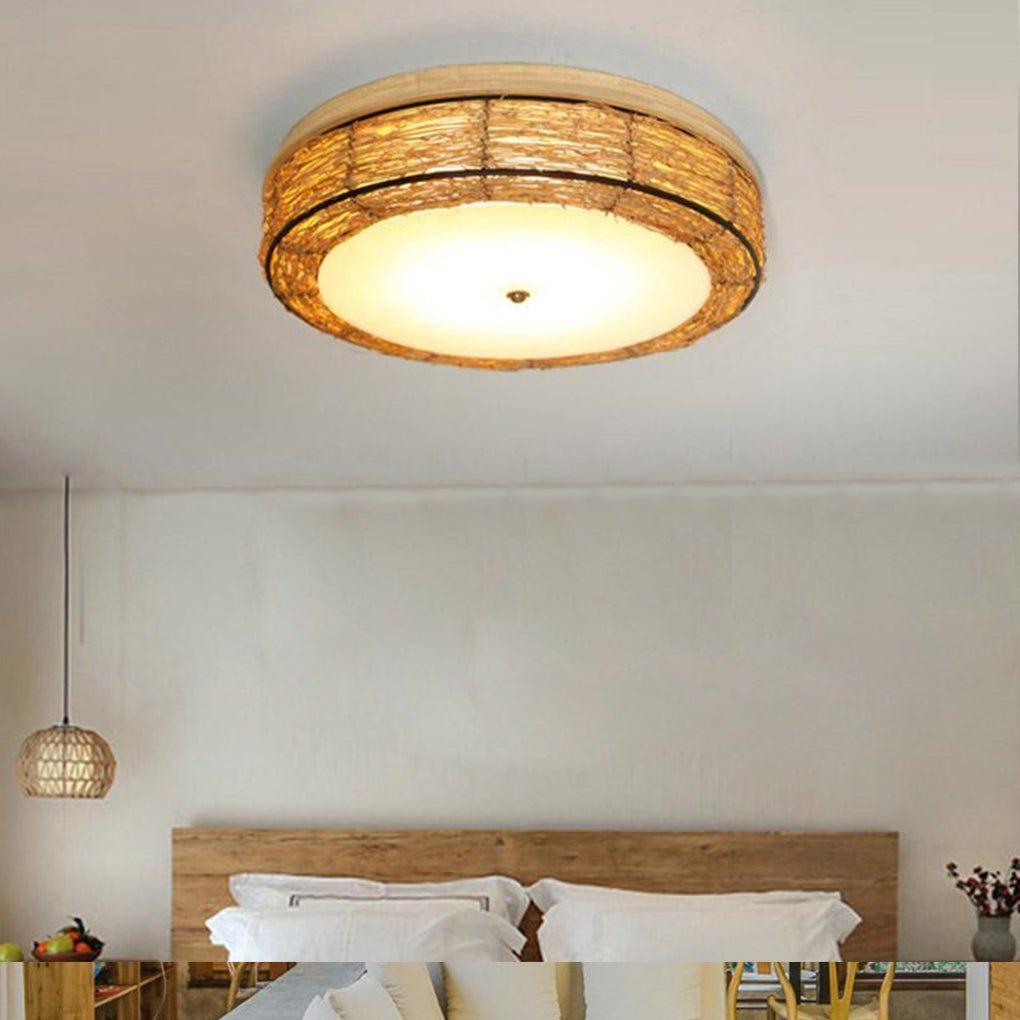 Modern Burlywood Wicker Flush Mount Ceiling Light Fixture for Low Profile Spaces