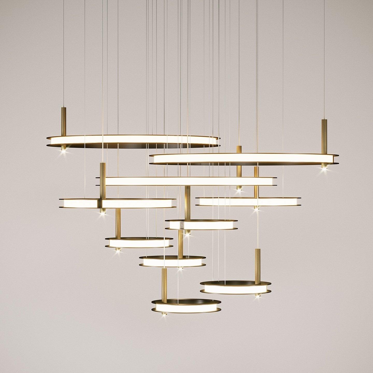 Contemporary Geometric LED Ring Chandelier with Integrated Gold Spotlights