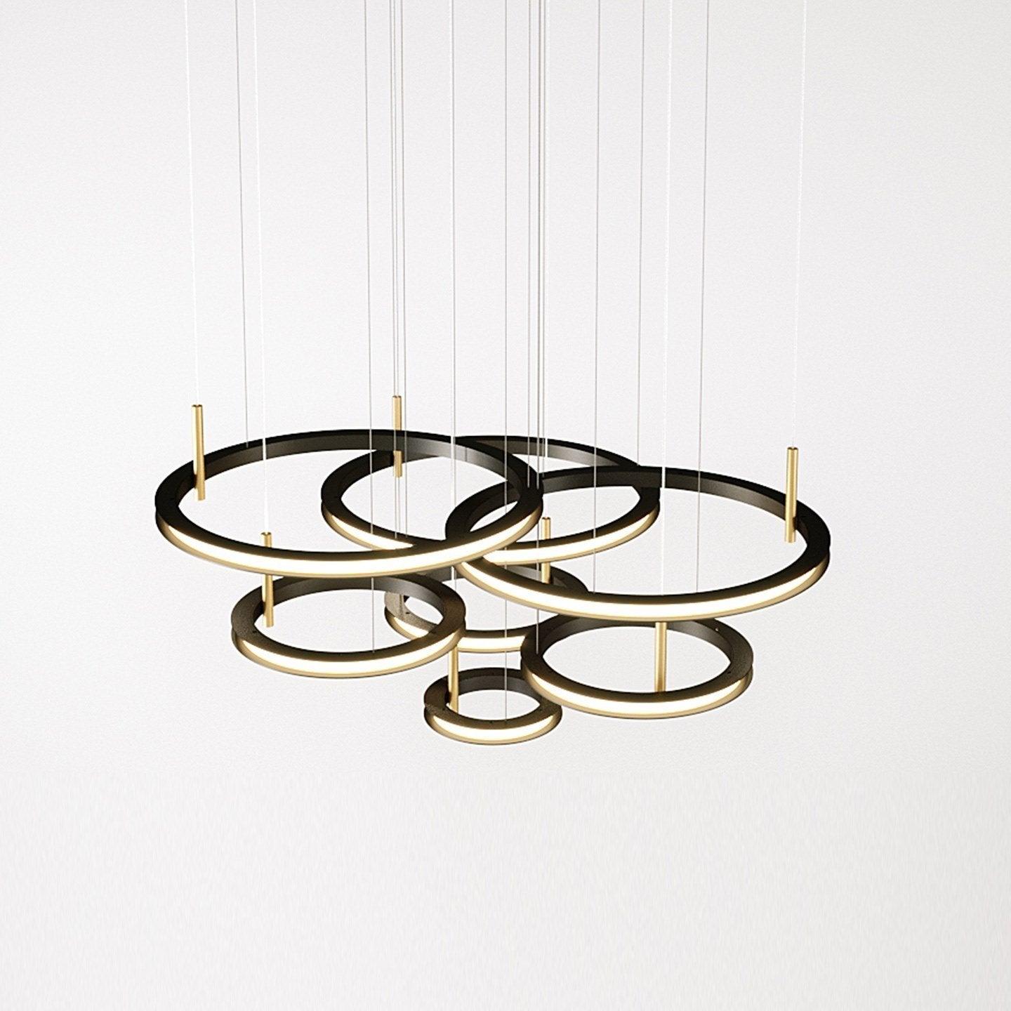 Contemporary Geometric LED Ring Chandelier with Integrated Gold Spotlights