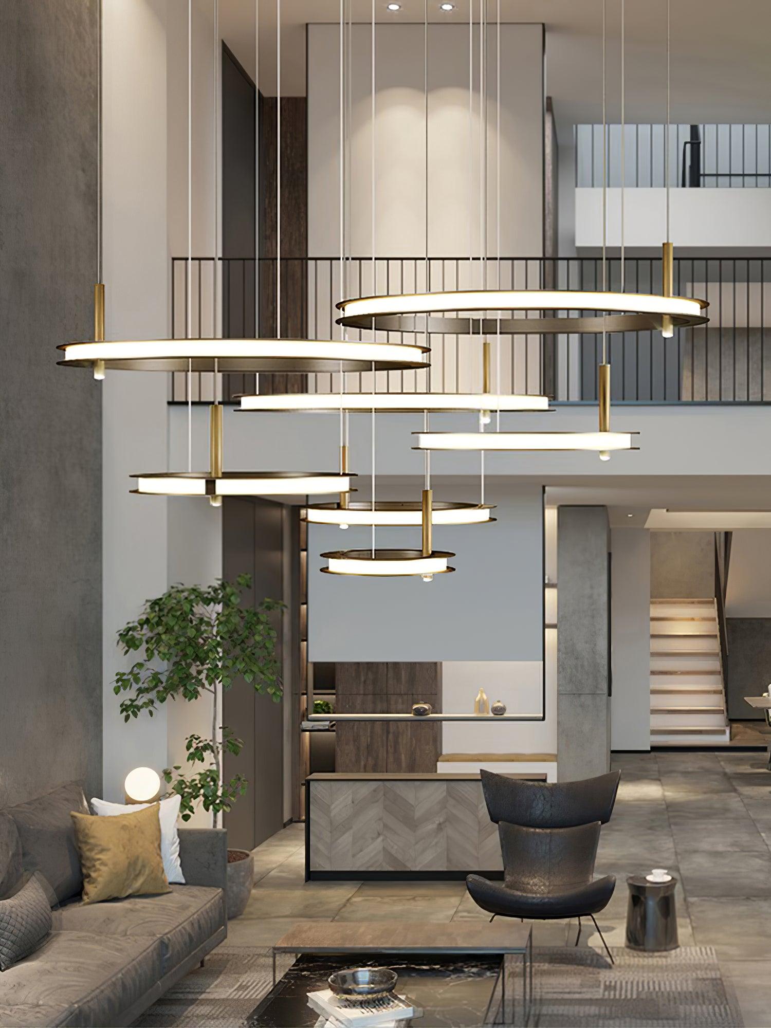 Contemporary Geometric LED Ring Chandelier with Integrated Gold Spotlights