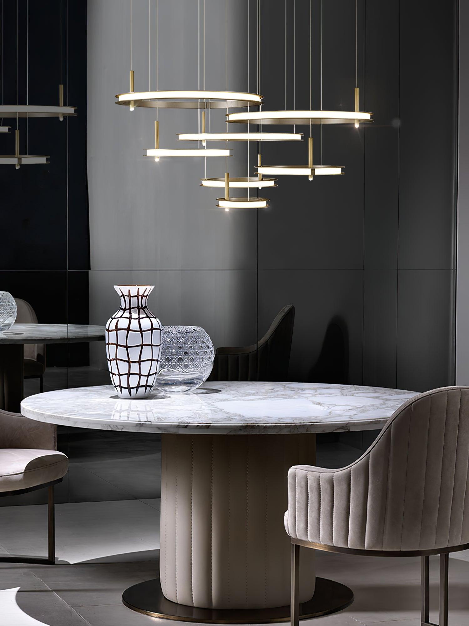 Contemporary Geometric LED Ring Chandelier with Integrated Gold Spotlights