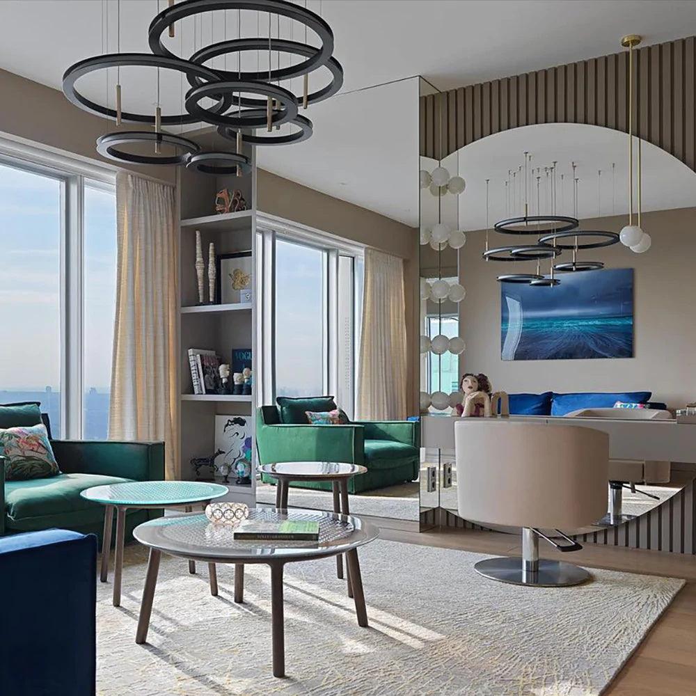 Contemporary Geometric LED Ring Chandelier with Integrated Gold Spotlights