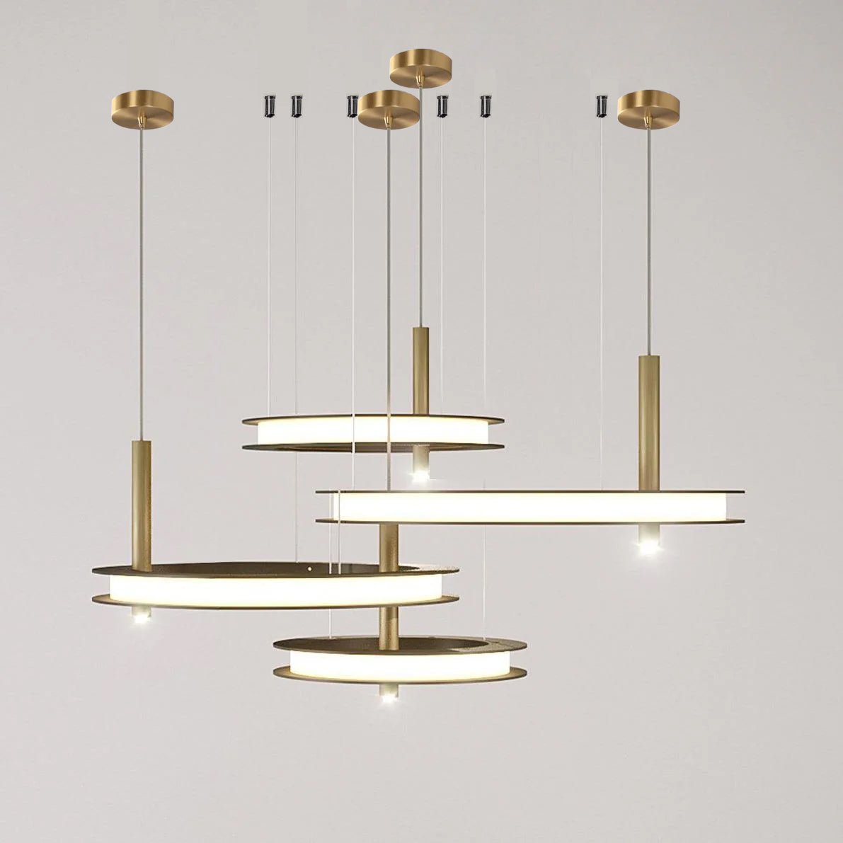 Contemporary Geometric LED Ring Chandelier with Integrated Gold Spotlights