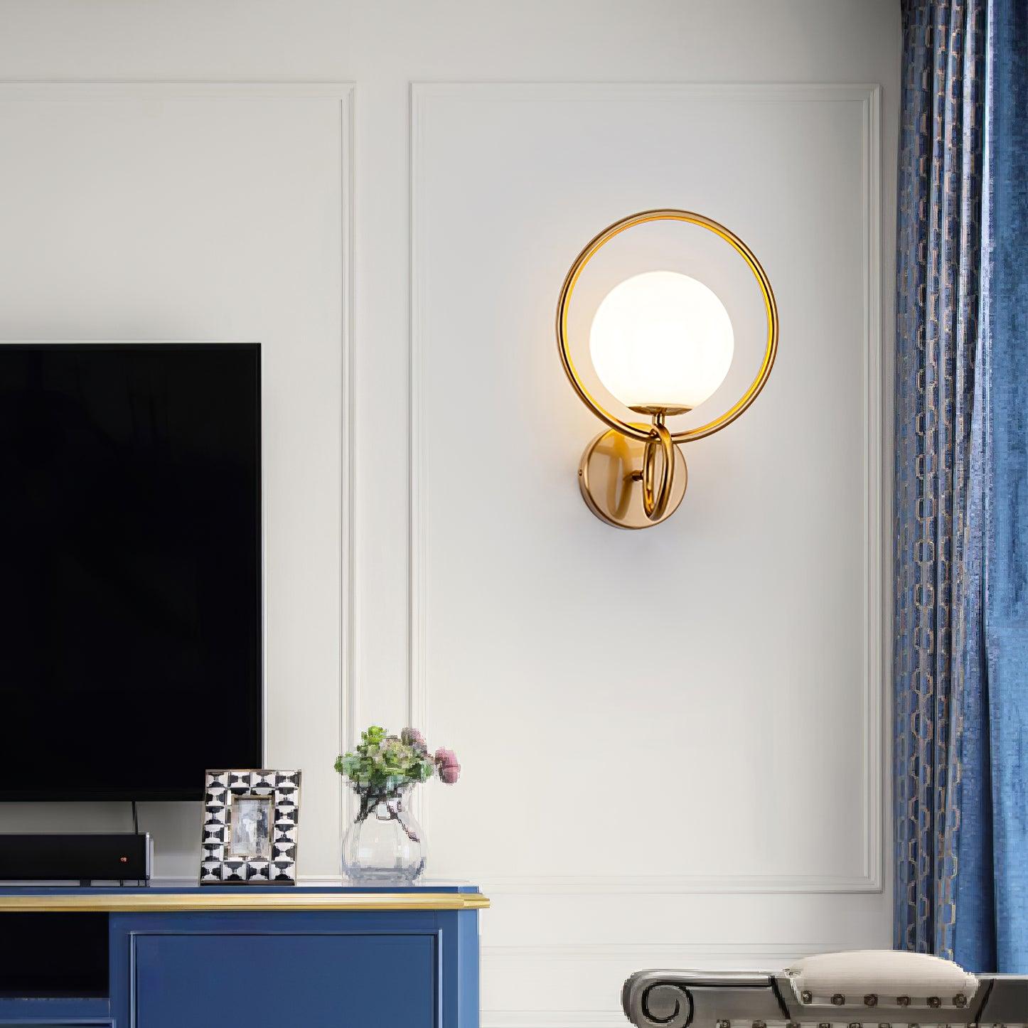 Contemporary Halo Metal Wall Light Fixture Gold Finish Indoor Glass Ball Lamp