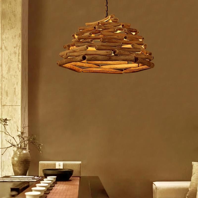 Contemporary Handpicked Wood Stick Pendant Light Burlywood Hanging Lamp for Living Room