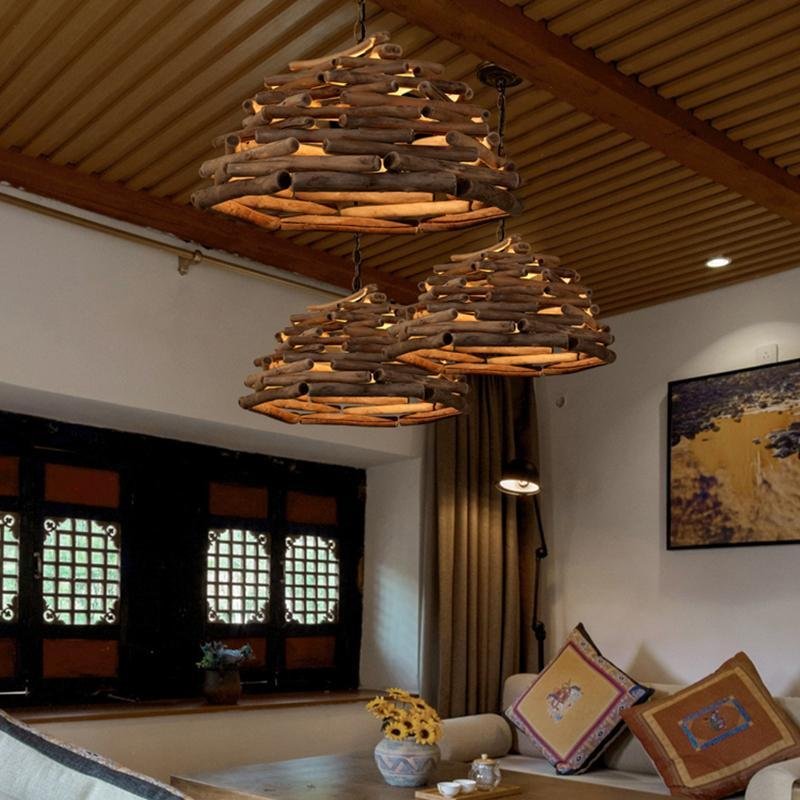 Contemporary Handpicked Wood Stick Pendant Light Burlywood Hanging Lamp for Living Room
