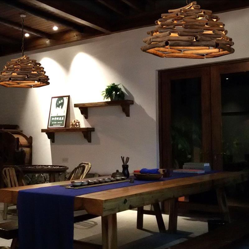 Contemporary Handpicked Wood Stick Pendant Light Burlywood Hanging Lamp for Living Room