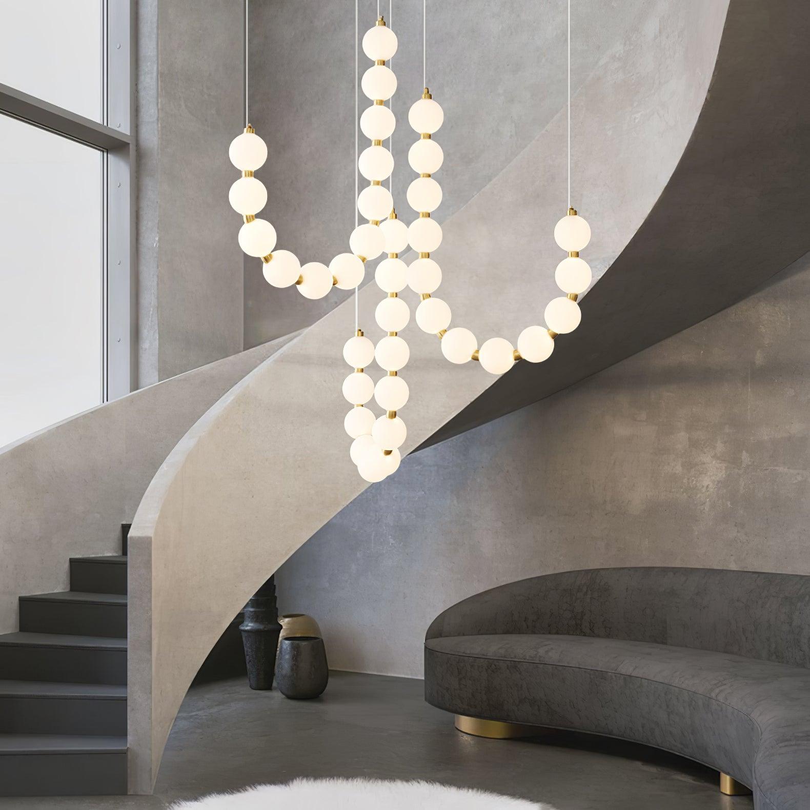 Contemporary Pearl Necklace LED Chandelier Gold Brass Pendant Lighting with White Orbs