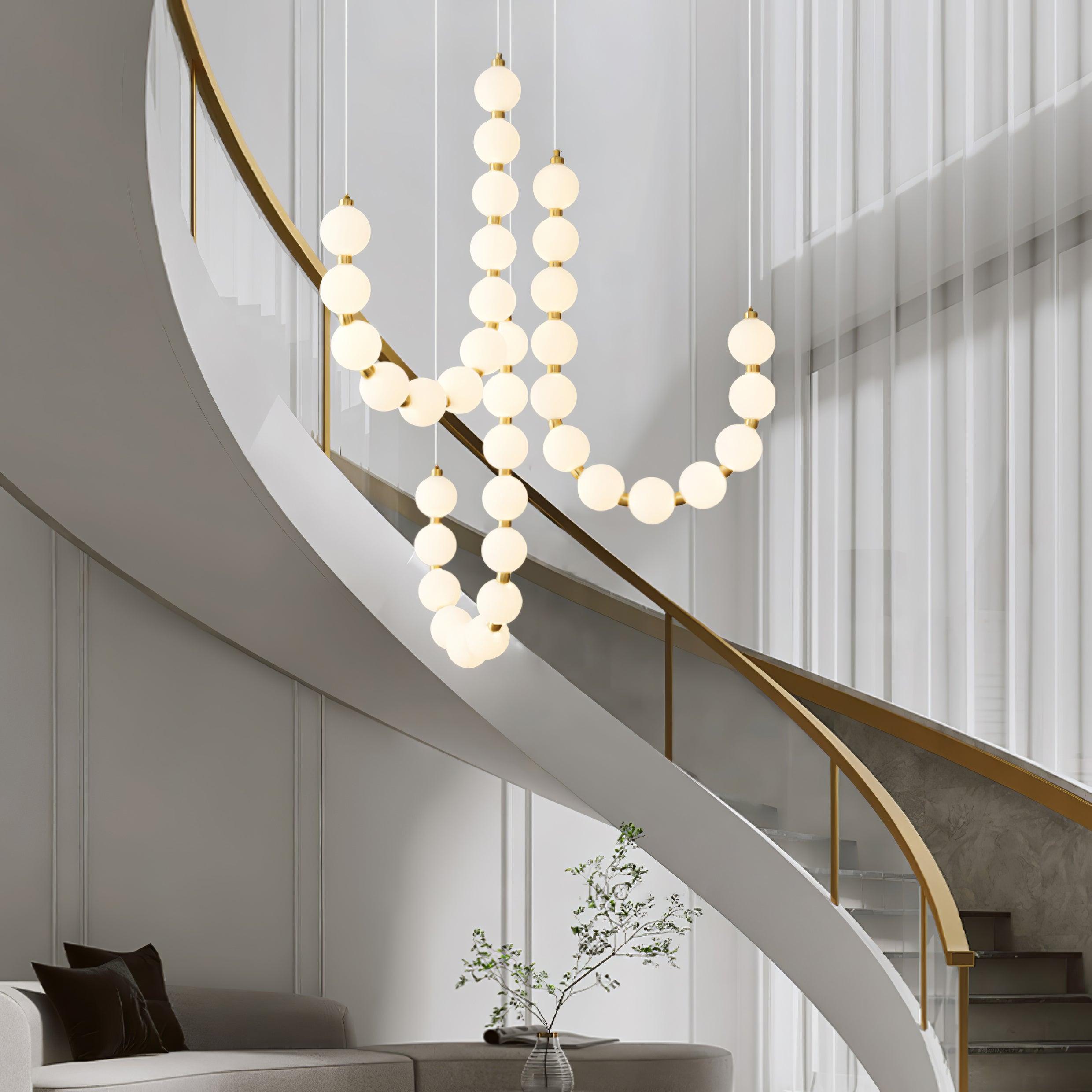 Contemporary Pearl Necklace LED Chandelier Gold Brass Pendant Lighting with White Orbs