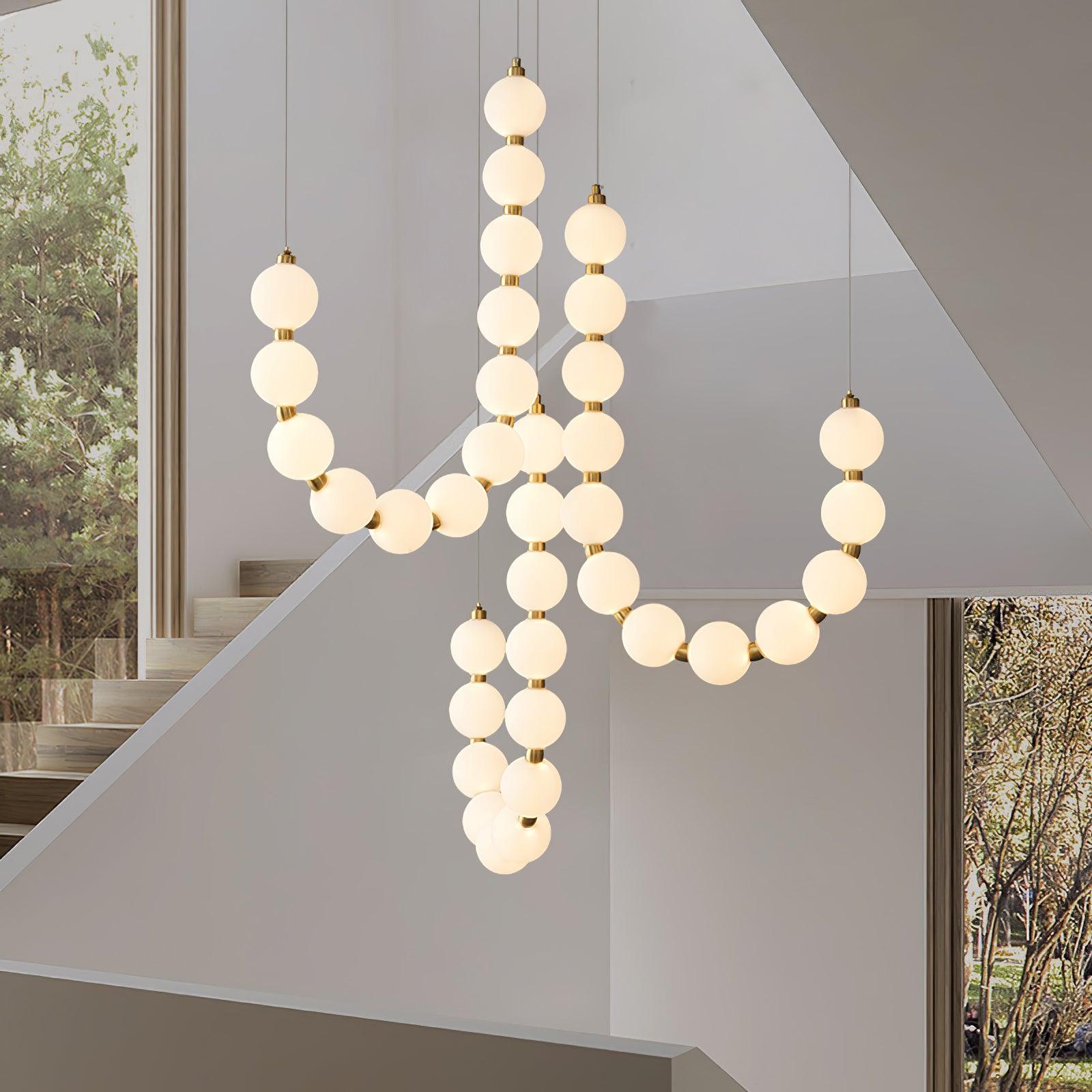 Contemporary Pearl Necklace LED Chandelier Gold Brass Pendant Lighting with White Orbs