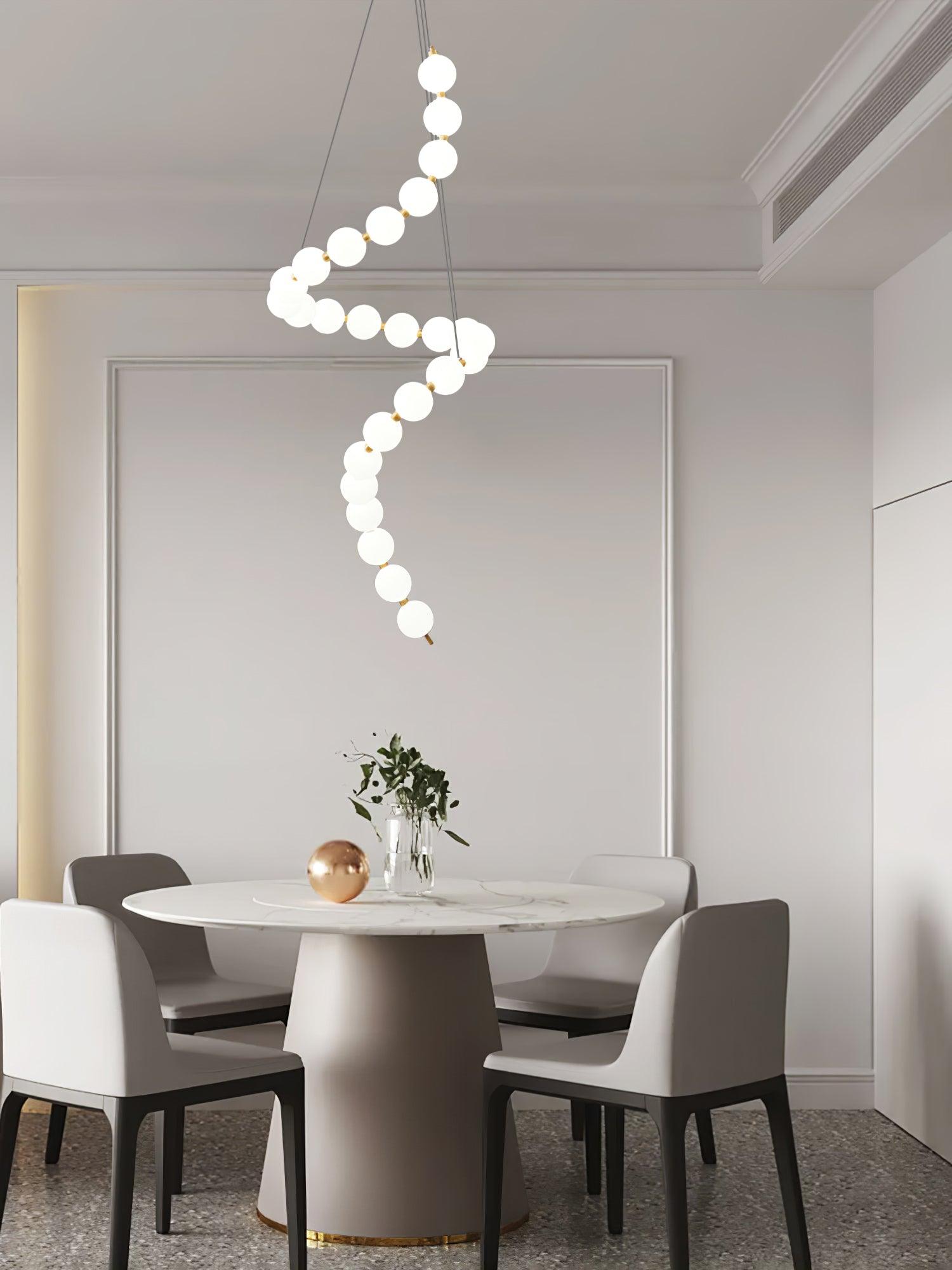 Contemporary Pearl Necklace LED Chandelier Gold Brass Pendant Lighting with White Orbs