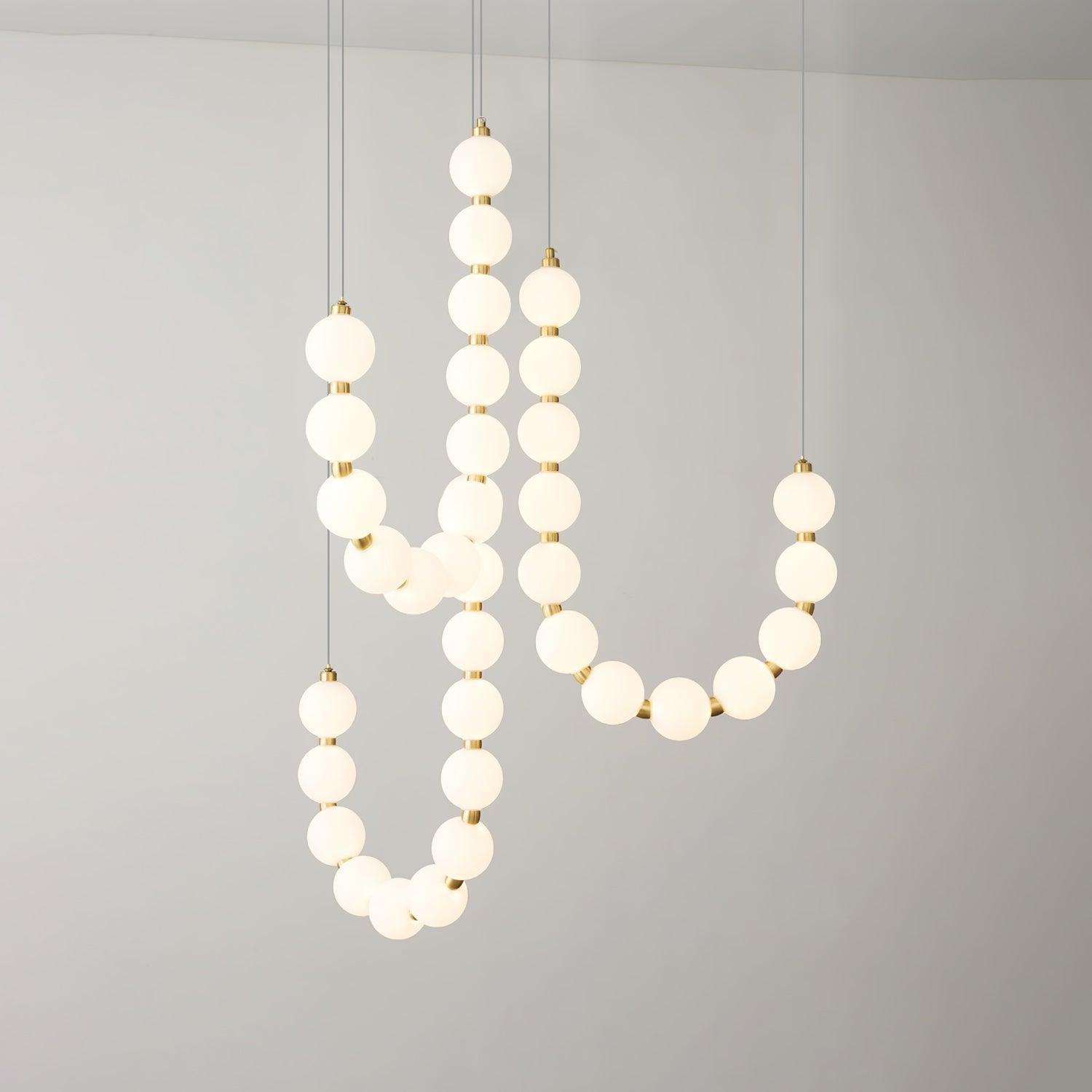 Contemporary Pearl Necklace LED Chandelier Gold Brass Pendant Lighting with White Orbs
