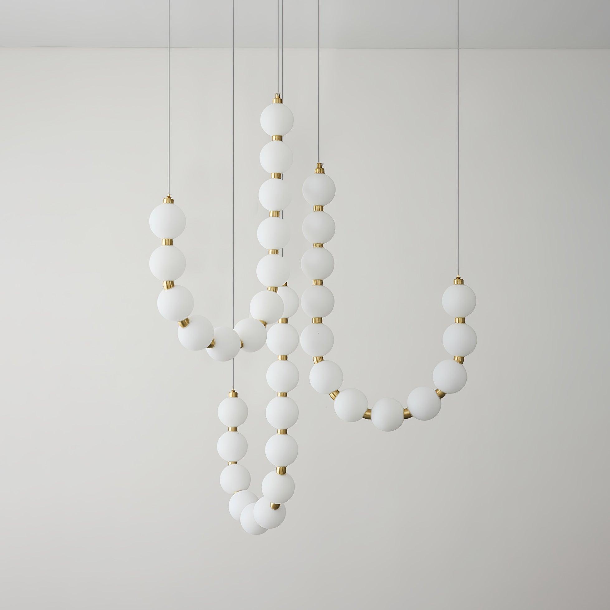 Contemporary Pearl Necklace LED Chandelier Gold Brass Pendant Lighting with White Orbs