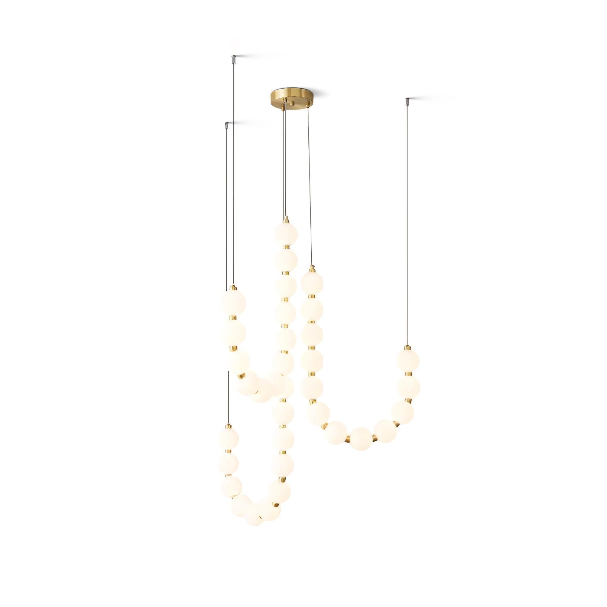 Contemporary Pearl Necklace LED Chandelier Gold Brass Pendant Lighting with White Orbs