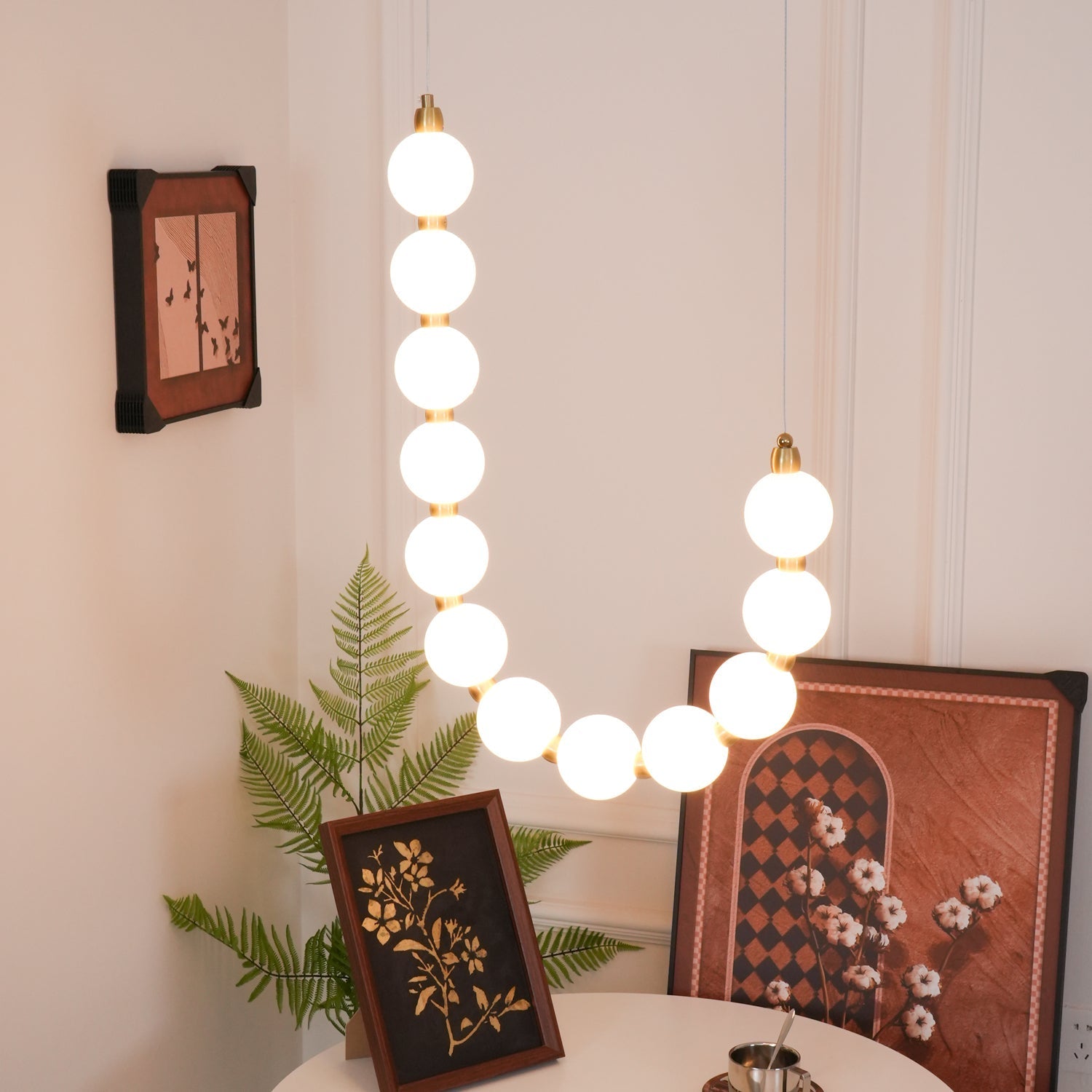 Contemporary Pearl Necklace LED Chandelier Gold Brass Pendant Lighting with White Orbs