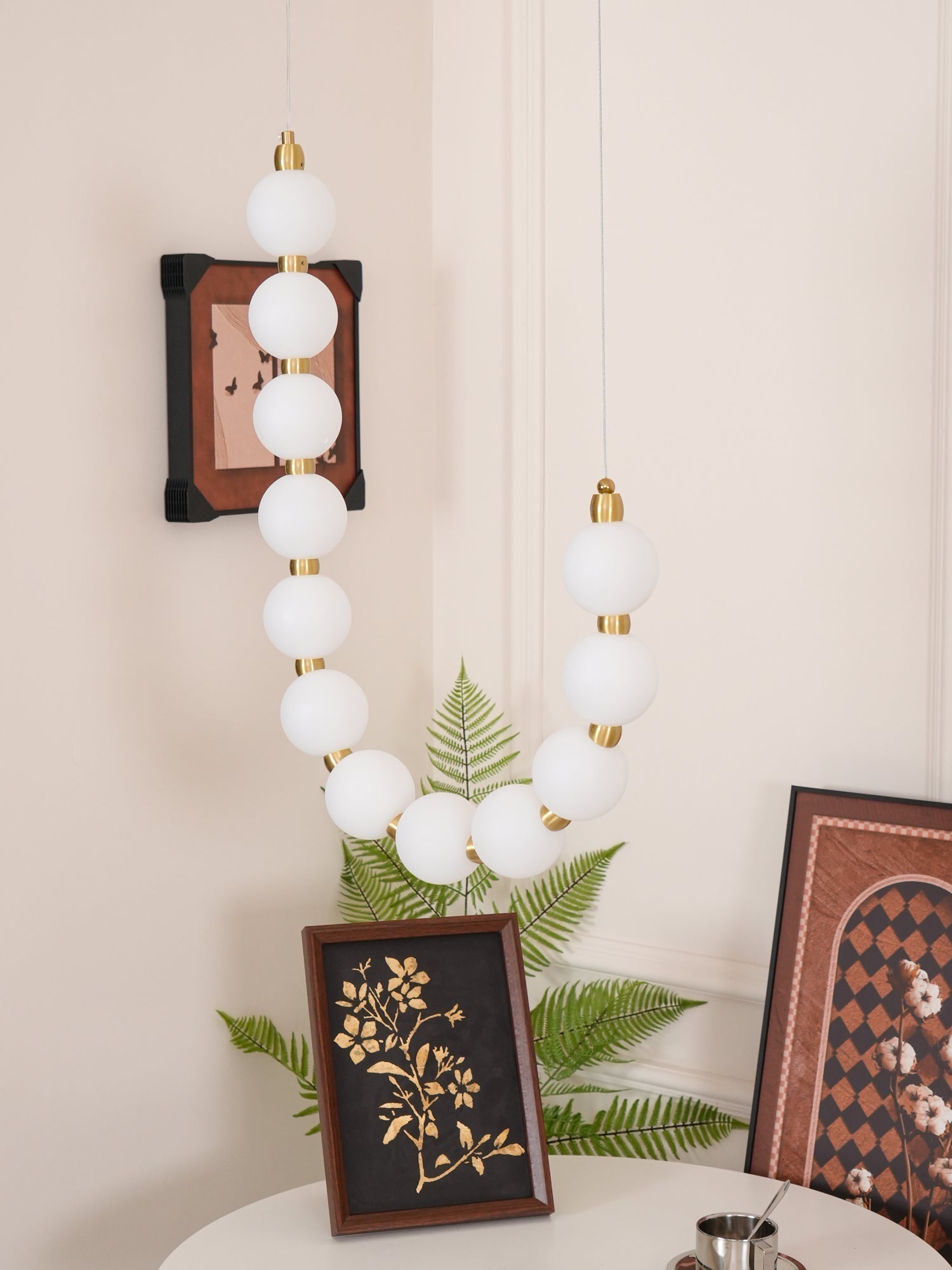 Contemporary Pearl Necklace LED Chandelier Gold Brass Pendant Lighting with White Orbs