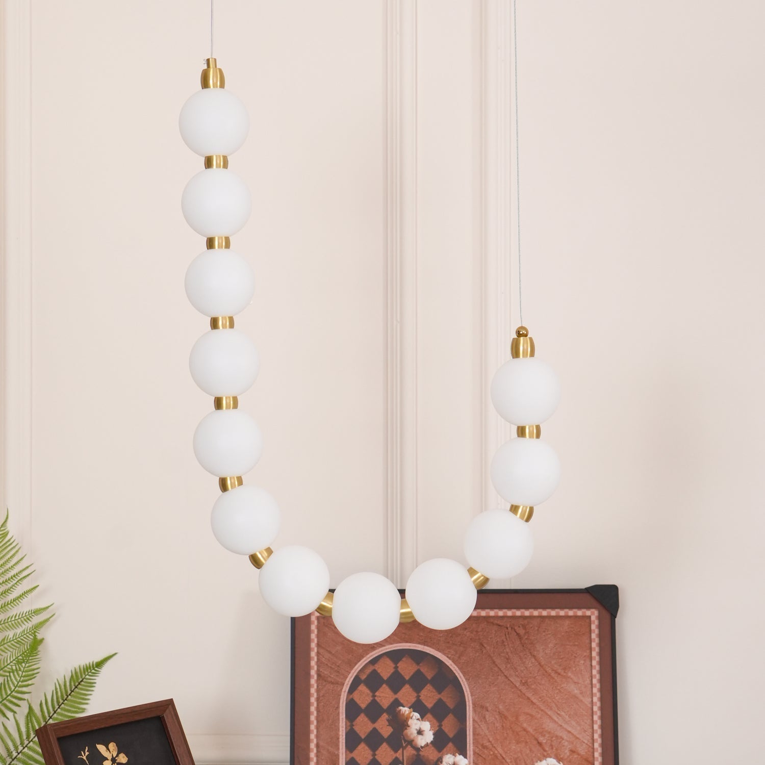 Contemporary Pearl Necklace LED Chandelier Gold Brass Pendant Lighting with White Orbs