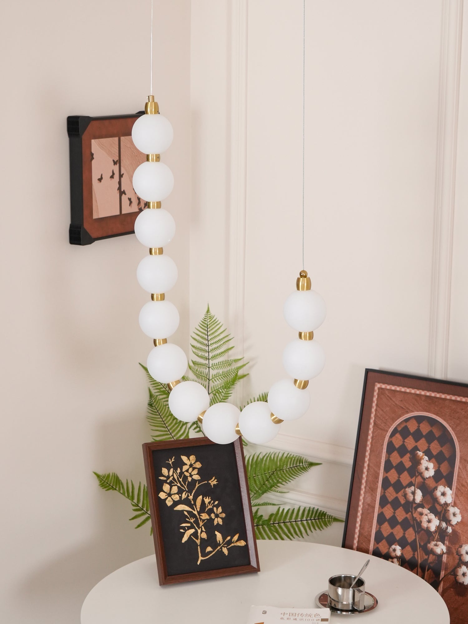 Contemporary Pearl Necklace LED Chandelier Gold Brass Pendant Lighting with White Orbs