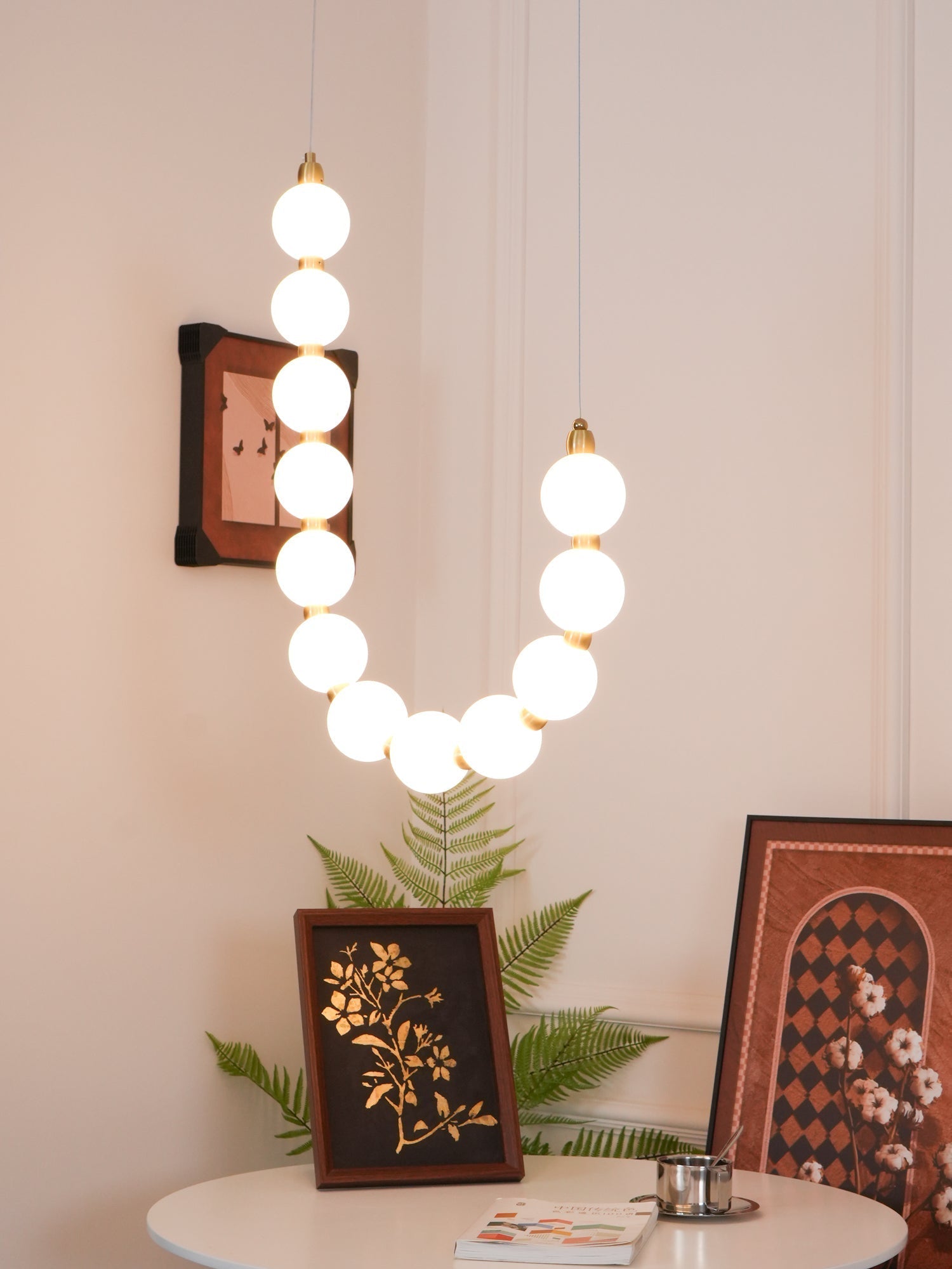 Contemporary Pearl Necklace LED Chandelier Gold Brass Pendant Lighting with White Orbs