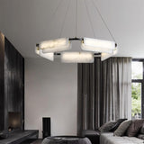 Contemporary Round Alabaster Stone Ring Chandelier with Brass Accents and Integrated LED Lighting