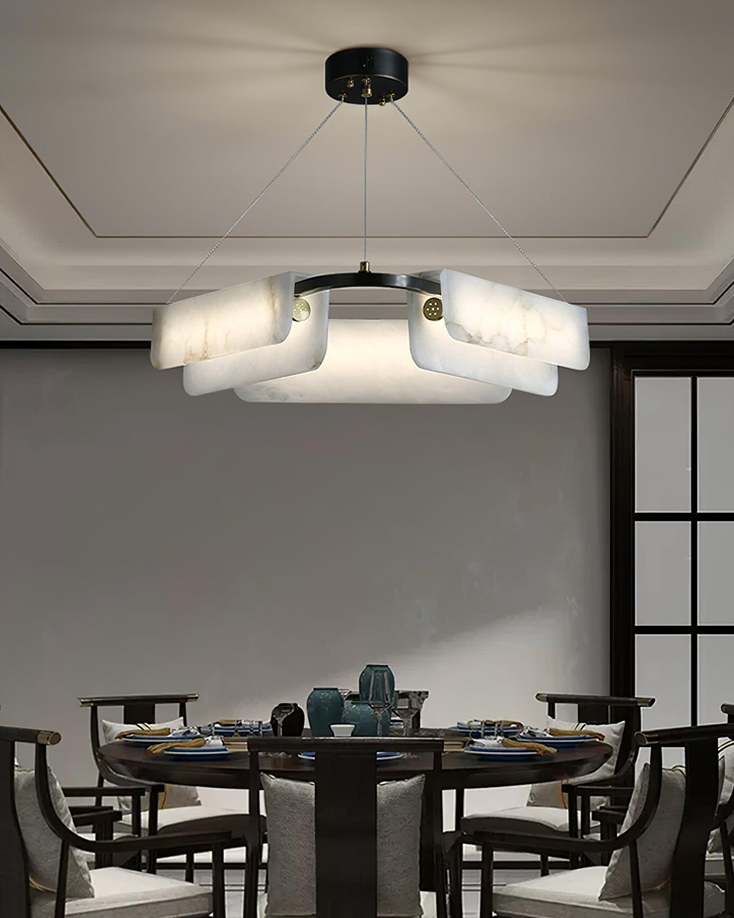 Contemporary Round Alabaster Stone Ring Chandelier with Brass Accents and Integrated LED Lighting