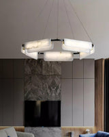 Contemporary Round Alabaster Stone Ring Chandelier with Brass Accents and Integrated LED Lighting